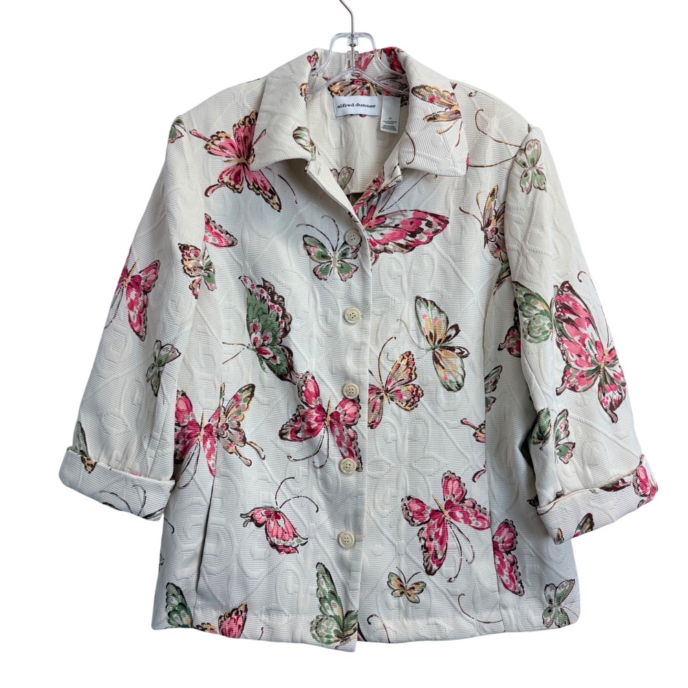 Vintage Alfred Dunner Butterfly Print Textured Jacket Cream Size 14 Pockets